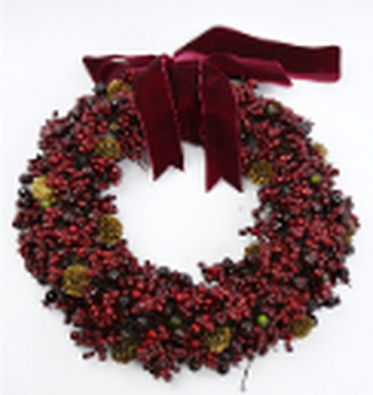 Luxery Wreath Burgendy Berry with Mini Pinecone and Velvet Ribbon Bow  Medium