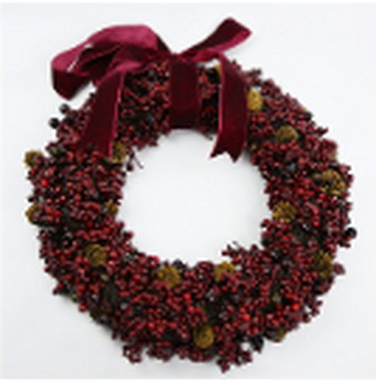 Luxery Wreath Burgendy Berry with Mini Pinecone and Velvet Ribbon Bow Large