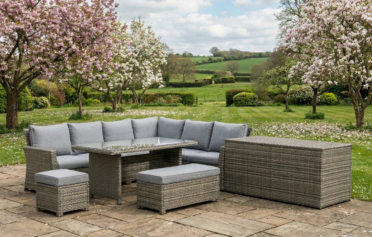 Palma Grey Rattan Garden Lounge Set and Cushion Box Bundle | Luxury Home Accessories | Heulog Glow