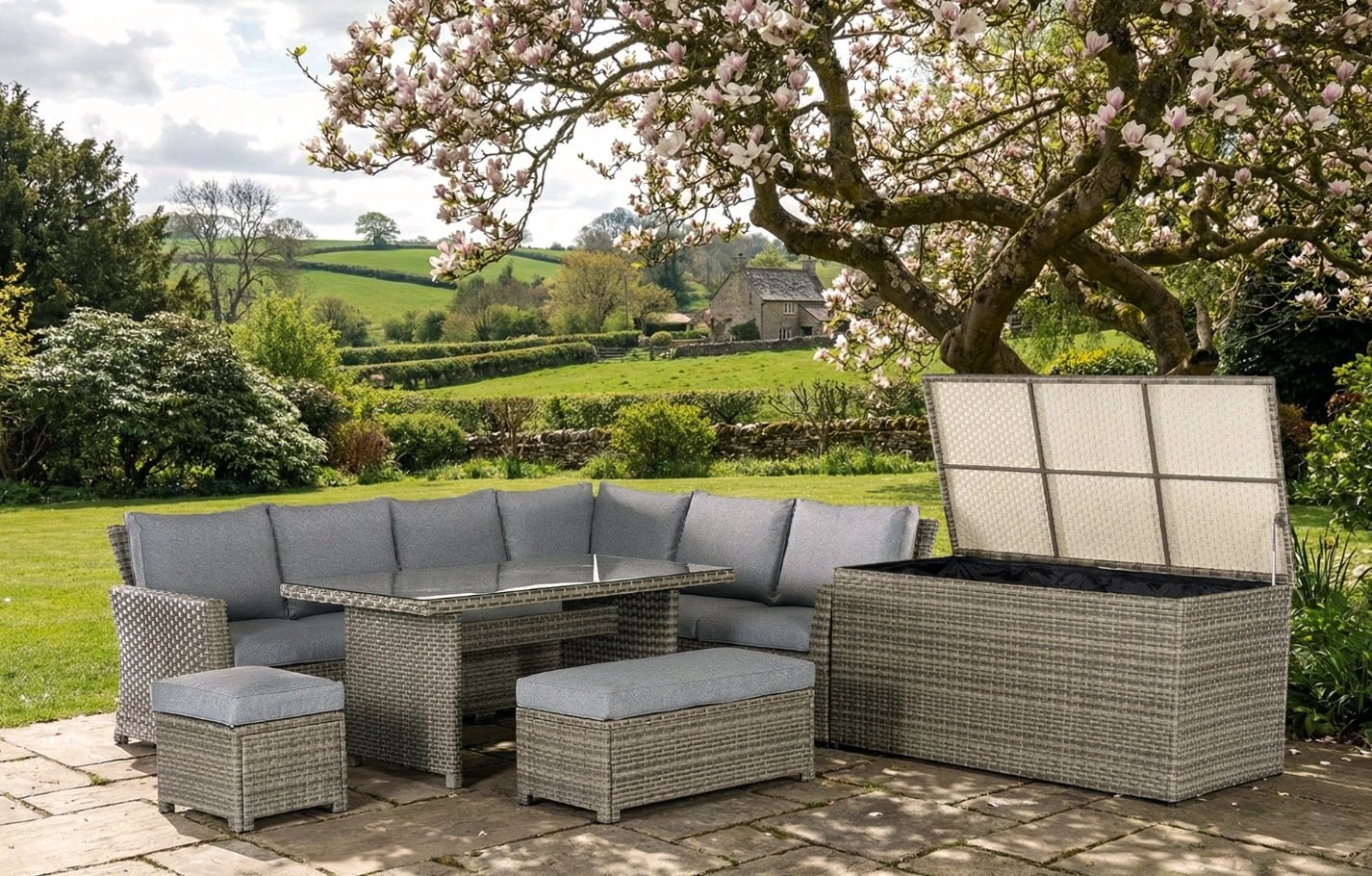 Palma Grey Rattan Garden Lounge Set and Cushion Box Bundle | Luxury Home Accessories | Heulog Glow