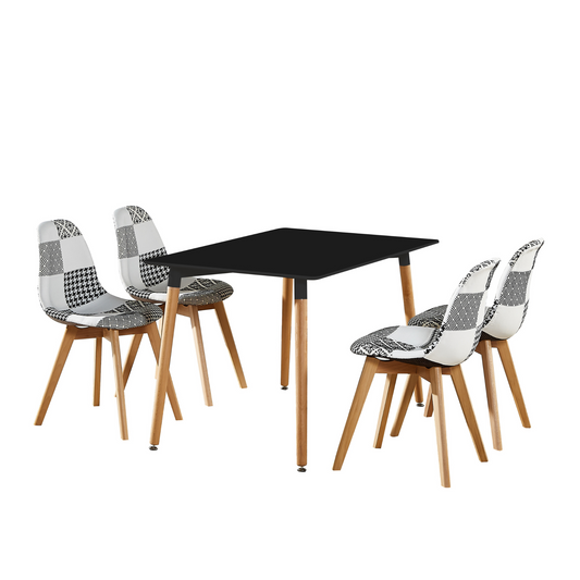 5PCs Dining Set - a Halo Dining Table & Set of 4 Black/White Tulip Patchwork Accent Chairs