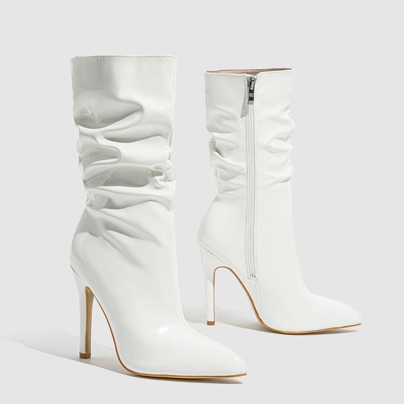 Patent Leather High Heel Pointed Stiletto Heel Pile Style Boots | Luxury Home Accessories | Heulog Glow