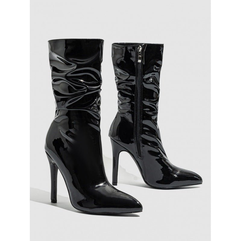 Patent Leather High Heel Pointed Stiletto Heel Pile Style Boots | Luxury Home Accessories | Heulog Glow