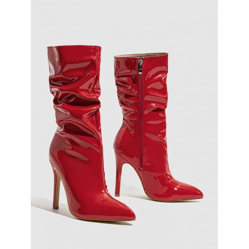 Patent Leather High Heel Pointed Stiletto Heel Pile Style Boots | Luxury Home Accessories | Heulog Glow