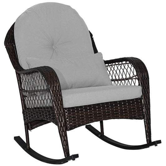 Patio Rattan Rocking Chair with Seat Back Cushions and Waist Pillow-Grey