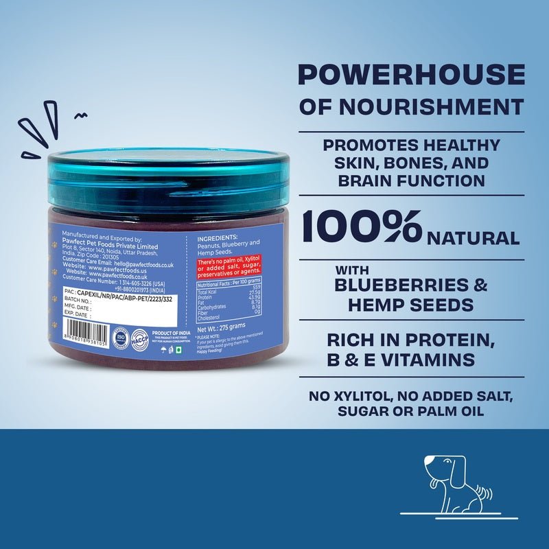 Pawfect Peanut Butter with Blueberry & Hemp Seeds 275g | Luxury Home Accessories | Heulog Glow