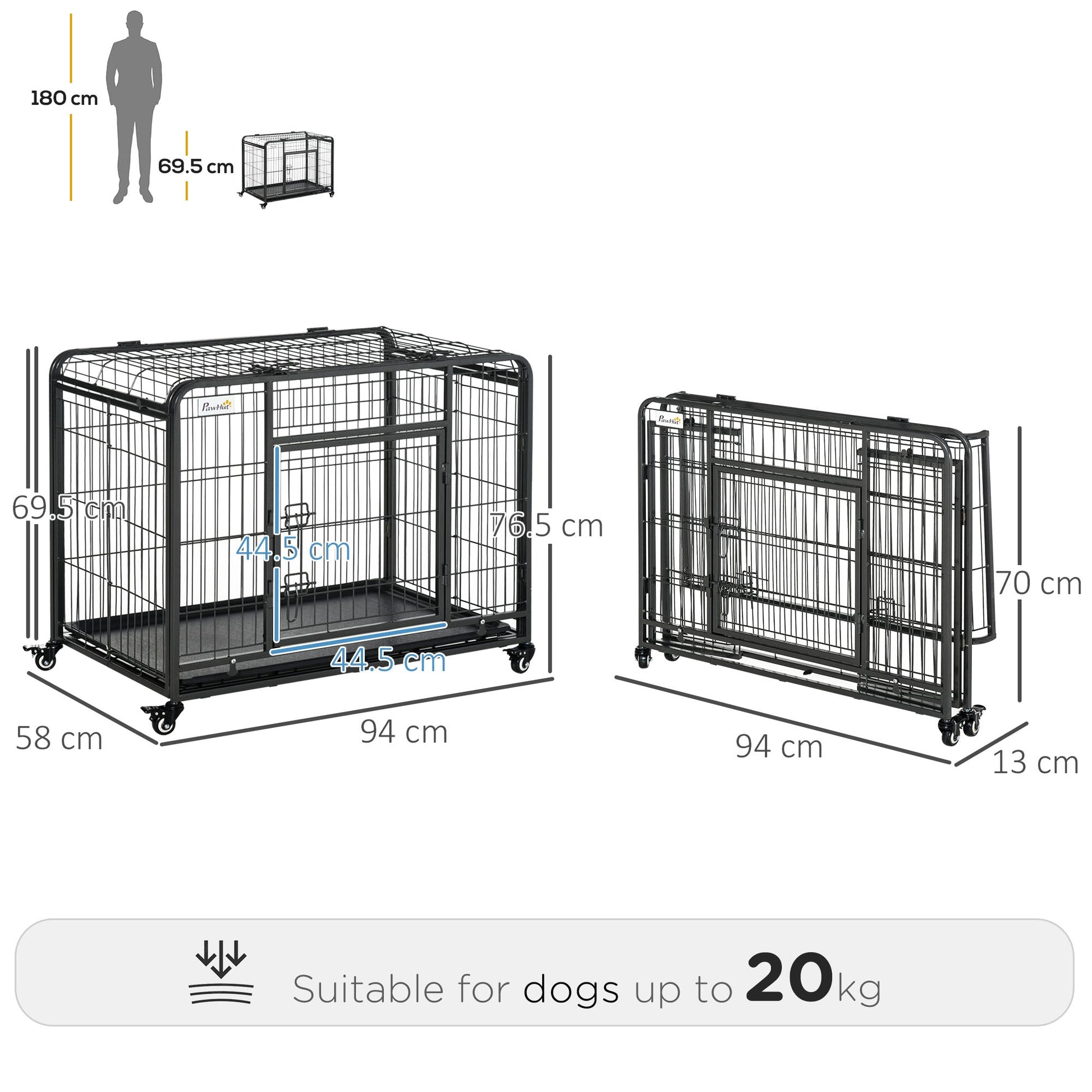 PawHut 69.5x94cm Metal Dog Cage Kennel w/ Locking Door & Wheels Medium Pets | Luxury Home Accessories | Heulog Glow