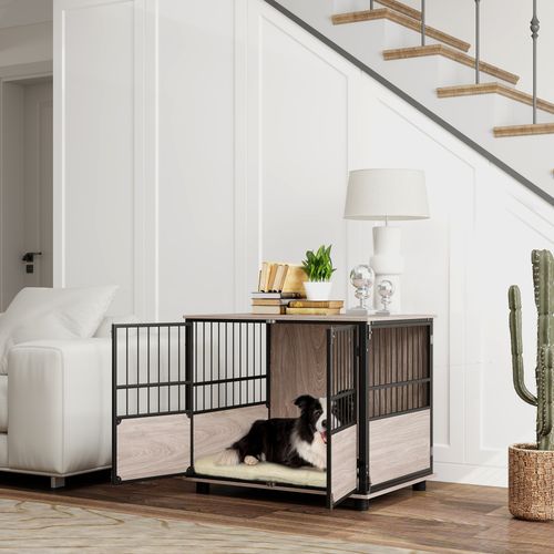 PawHut 80cm Dog Crate Furniture Dog Cage End Table Indoor w/ Doors, Cushion | Luxury Home Accessories | Heulog Glow