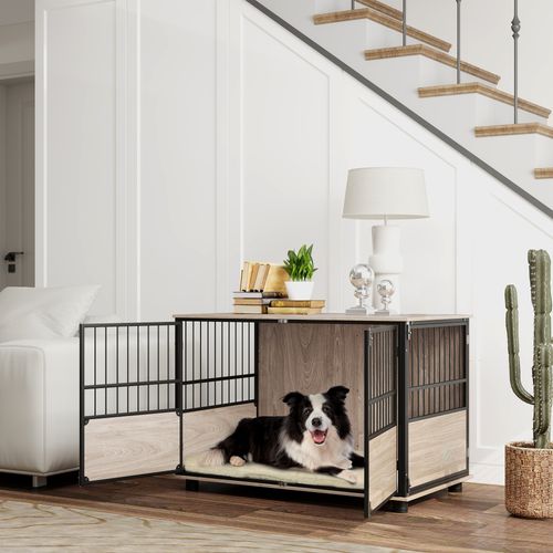 PawHut 80cm Dog Crate Furniture Dog Cage End Table Indoor w/ Doors, Cushion | Luxury Home Accessories | Heulog Glow
