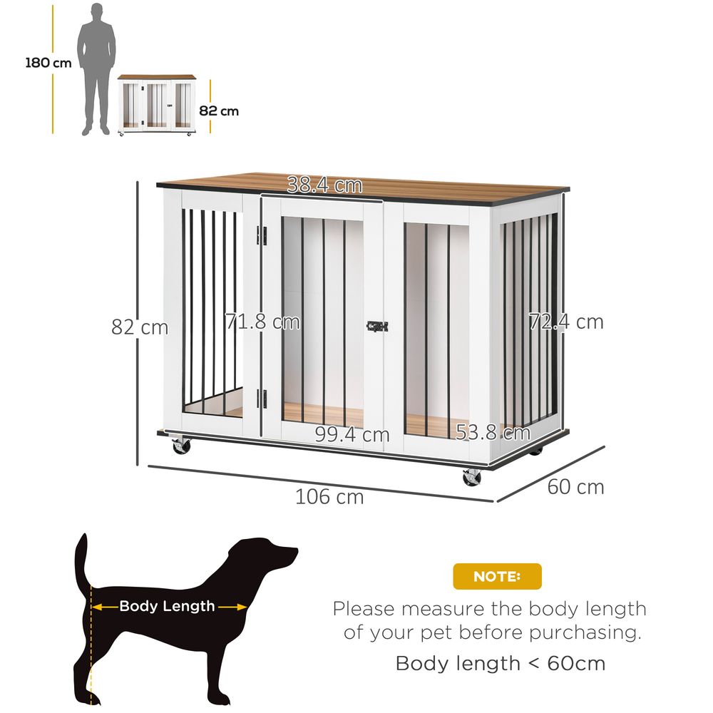 PawHut Dog Crate Furniture, Dog Cage End Table with Wheels, Lockable Door, for Medium Dogs, 106 x 60 x 82 cm - White | Luxury Home Accessories | Heulog Glow