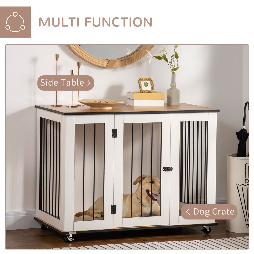 PawHut Dog Crate Furniture, Dog Cage End Table with Wheels, Lockable Door, for Medium Dogs, 106 x 60 x 82 cm - White | Luxury Home Accessories | Heulog Glow
