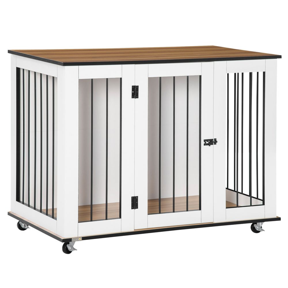 PawHut Dog Crate Furniture, Dog Cage End Table with Wheels, Lockable Door, for Medium Dogs, 106 x 60 x 82 cm - White | Luxury Home Accessories | Heulog Glow