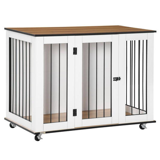 PawHut Dog Crate Furniture, Dog Cage End Table with Wheels, Lockable Door, for Medium Dogs, 106 x 60 x 82 cm - White | Luxury Home Accessories | Heulog Glow