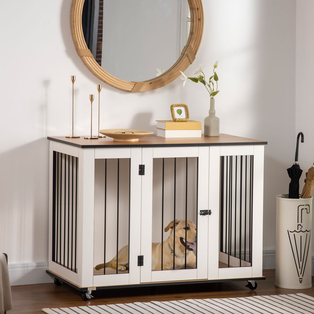PawHut Dog Crate Furniture, Dog Cage End Table with Wheels, Lockable Door, for Medium Dogs, 106 x 60 x 82 cm - White | Luxury Home Accessories | Heulog Glow