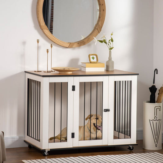 PawHut Dog Crate Furniture, Dog Cage End Table with Wheels, Lockable Door, for Medium Dogs, 106 x 60 x 82 cm - White | Luxury Home Accessories | Heulog Glow