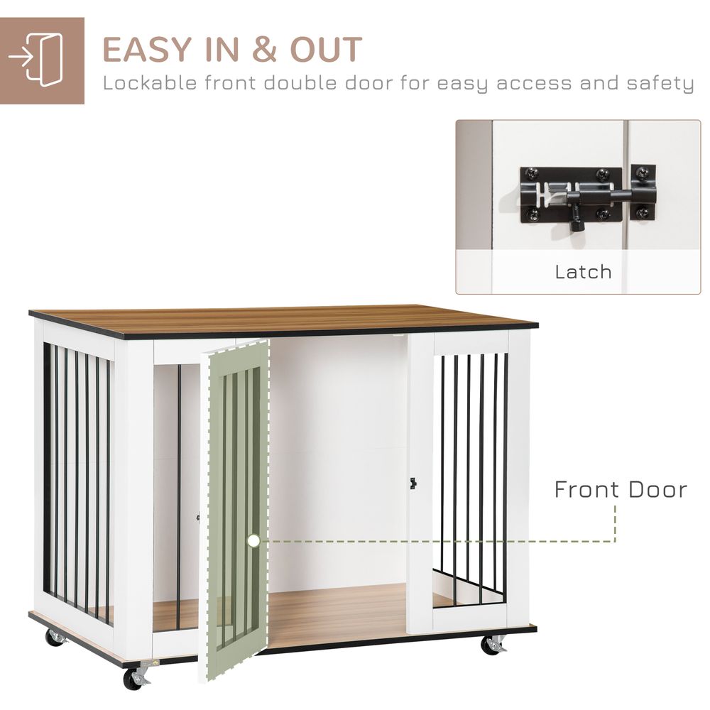 PawHut Dog Crate Furniture, Dog Cage End Table with Wheels, Lockable Door, for Medium Dogs, 106 x 60 x 82 cm - White | Luxury Home Accessories | Heulog Glow