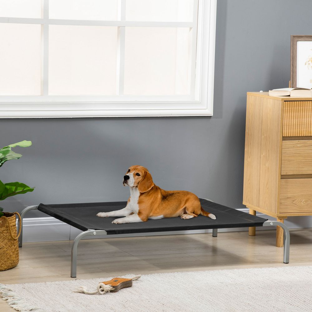 PawHut Elevated Pet Bed Cooling Raised Cot Style Bed for Large Medium Sized Dogs with Non-slip Pads Steel Frame Breathable Mesh Fabric, 110 x 75 x 20 cm - Black | Luxury Home Accessories | Heulog Glow