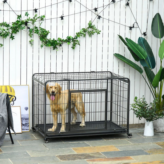 PawHut Metal Dog Cage Kennel Locking Door & Wheels Removable Tray Openable Top For Extra Large Pets 125 x 76 x 81 cm | Luxury Home Accessories | Heulog Glow
