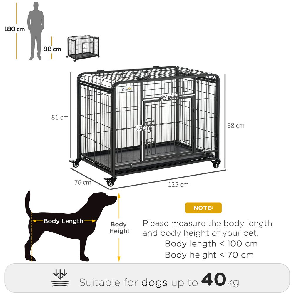 PawHut Metal Dog Cage Kennel Locking Door & Wheels Removable Tray Openable Top For Extra Large Pets 125 x 76 x 81 cm | Luxury Home Accessories | Heulog Glow