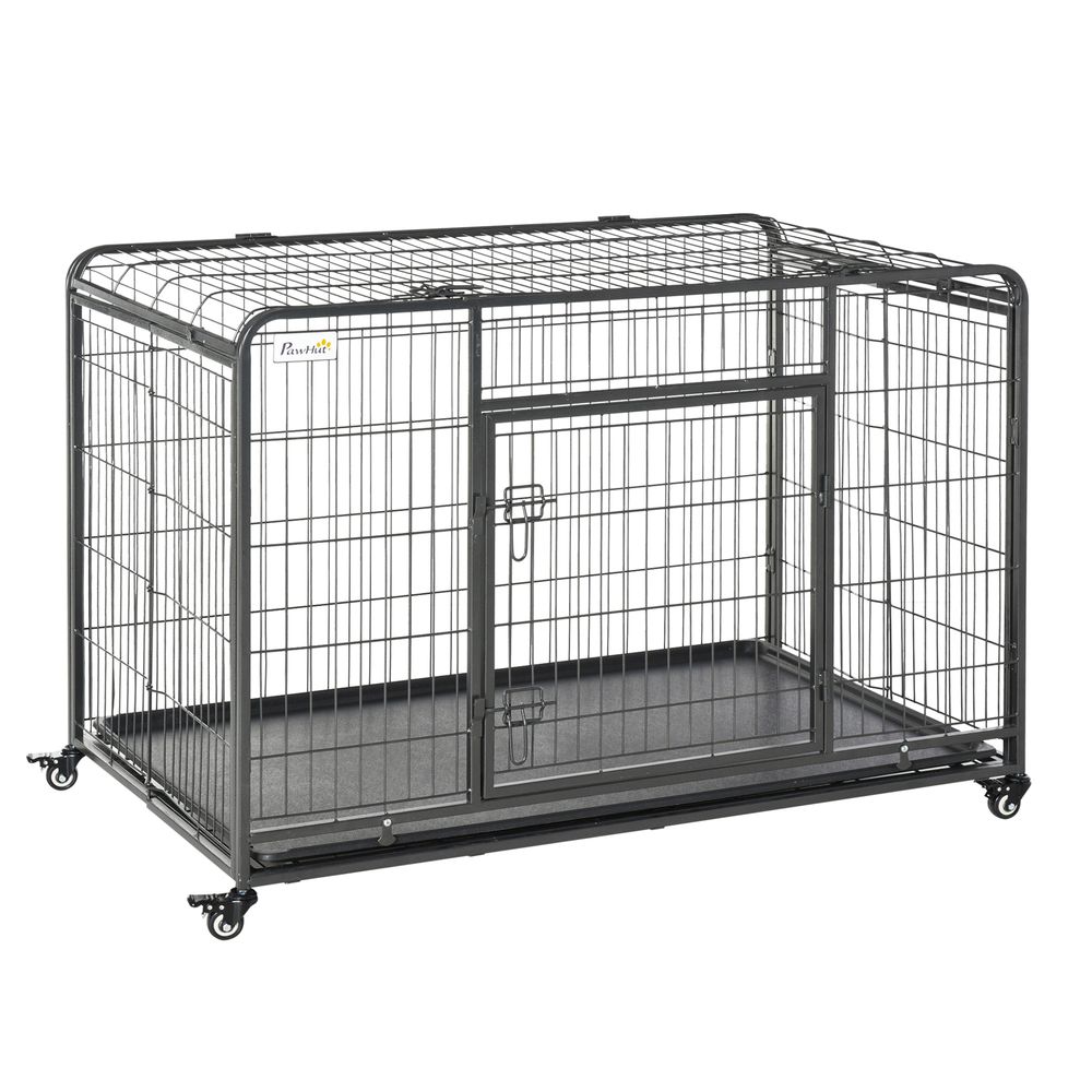 PawHut Metal Dog Cage Kennel Locking Door & Wheels Removable Tray Openable Top For Extra Large Pets 125 x 76 x 81 cm | Luxury Home Accessories | Heulog Glow