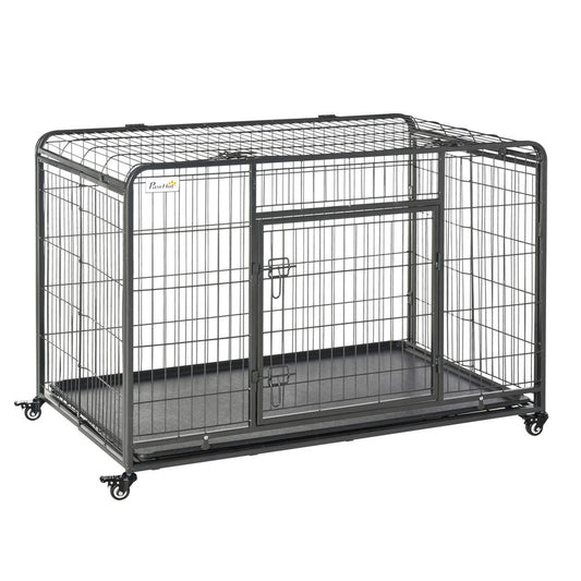 PawHut Metal Dog Cage Kennel Locking Door & Wheels Removable Tray Openable Top For Extra Large Pets 125 x 76 x 81 cm | Luxury Home Accessories | Heulog Glow