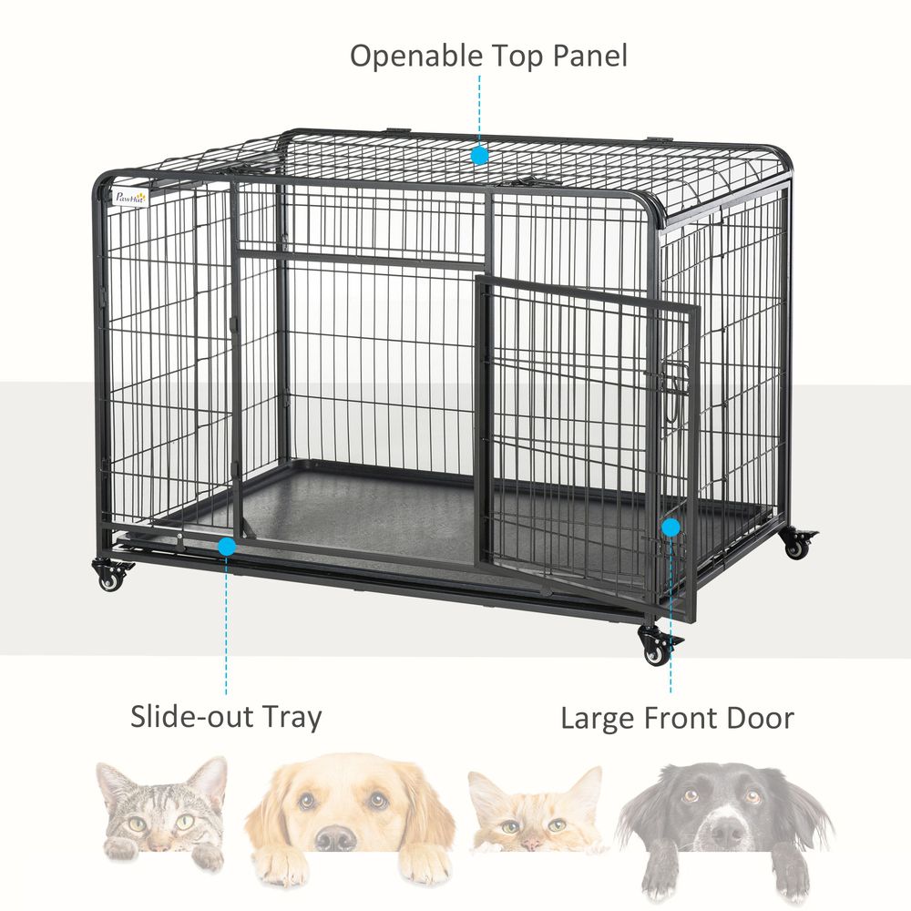 PawHut Metal Dog Cage Kennel Locking Door & Wheels Removable Tray Openable Top For Extra Large Pets 125 x 76 x 81 cm | Luxury Home Accessories | Heulog Glow