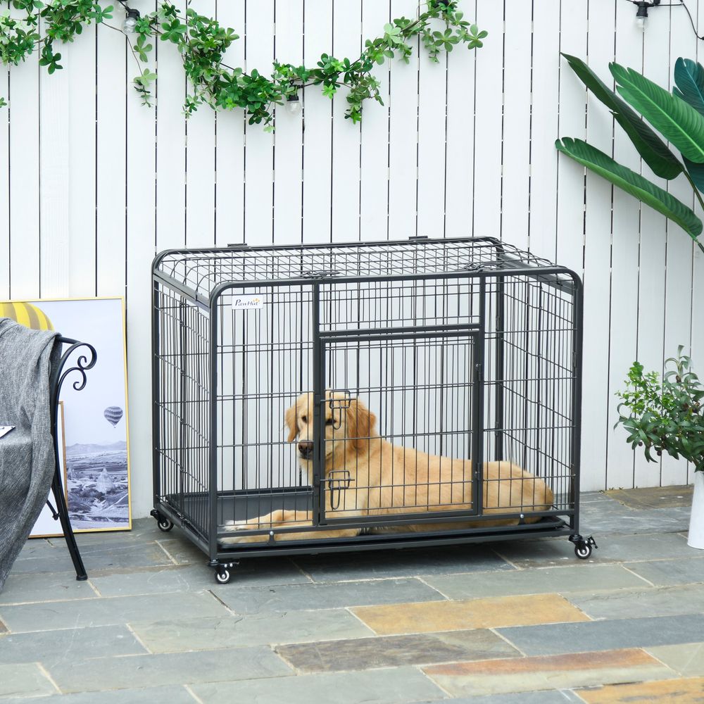 PawHut Metal Dog Cage Kennel Locking Door & Wheels Removable Tray Openable Top For Large Pets 109.5 x 71 x 78 cm | Luxury Home Accessories | Heulog Glow