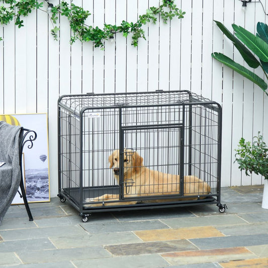 PawHut Metal Dog Cage Kennel Locking Door & Wheels Removable Tray Openable Top For Large Pets 109.5 x 71 x 78 cm | Luxury Home Accessories | Heulog Glow
