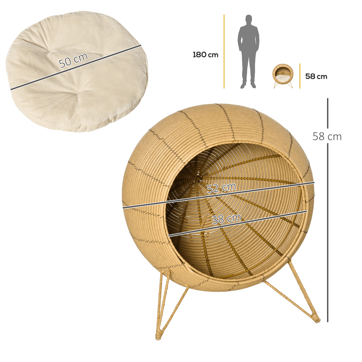 PawHut Wicker Cat Bed Elevated Rattan Kitten Basket Cozy Cave w/ Soft Cushion | Luxury Home Accessories | Heulog Glow
