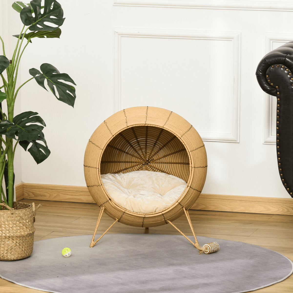 PawHut Wicker Cat Bed Elevated Rattan Kitten Basket Cozy Cave w/ Soft Cushion | Luxury Home Accessories | Heulog Glow