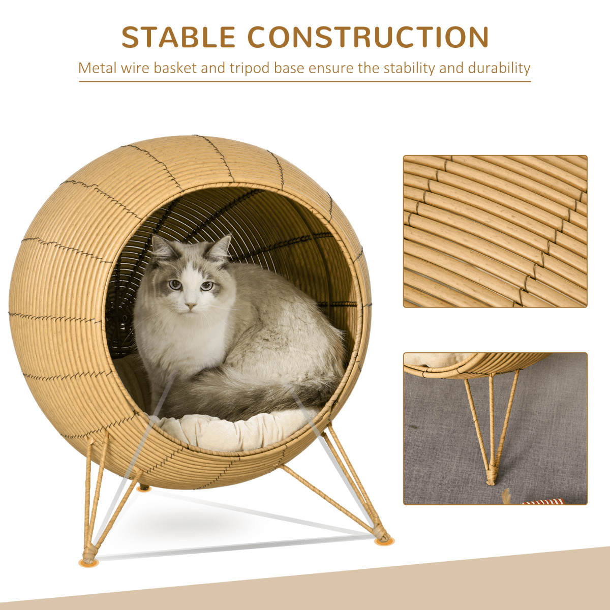 PawHut Wicker Cat Bed Elevated Rattan Kitten Basket Cozy Cave w/ Soft Cushion | Luxury Home Accessories | Heulog Glow