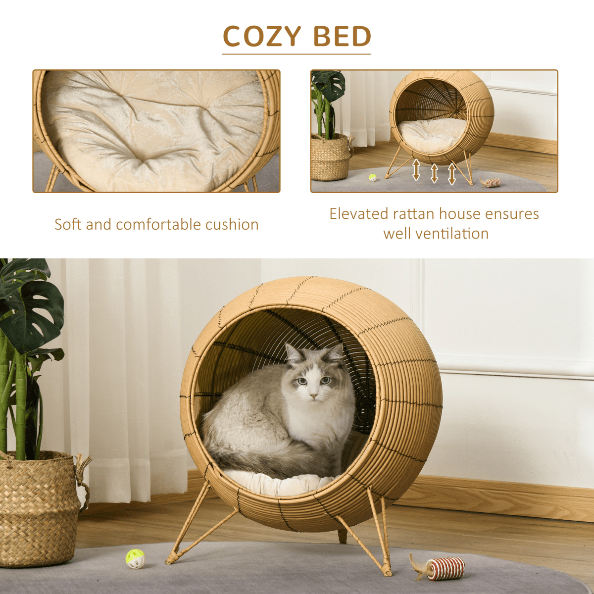 PawHut Wicker Cat Bed Elevated Rattan Kitten Basket Cozy Cave w/ Soft Cushion | Luxury Home Accessories | Heulog Glow