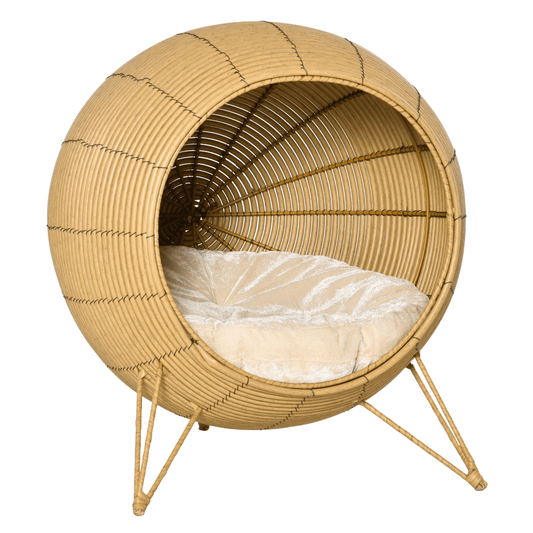 PawHut Wicker Cat Bed Elevated Rattan Kitten Basket Cozy Cave w/ Soft Cushion | Luxury Home Accessories | Heulog Glow