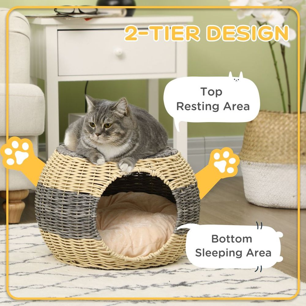 PawHut Wicker Cat House, Rattan Raised Cat Bed - Best Quality, Comfy Cushion - 40x30cm | Luxury Home Accessories | Heulog Glow