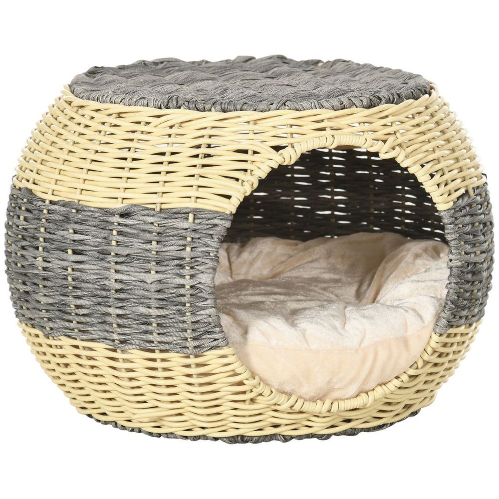 PawHut Wicker Cat House, Rattan Raised Cat Bed - Best Quality, Comfy Cushion - 40x30cm | Luxury Home Accessories | Heulog Glow