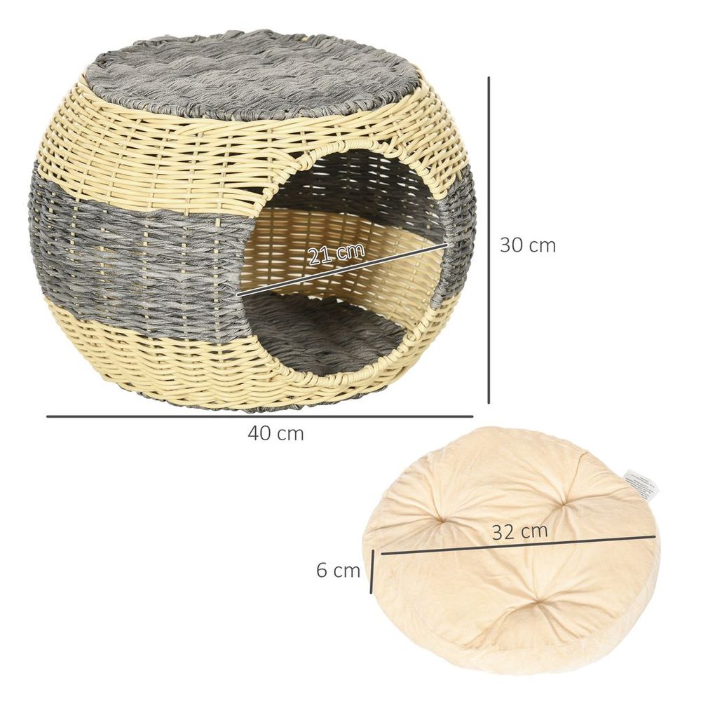 PawHut Wicker Cat House, Rattan Raised Cat Bed - Best Quality, Comfy Cushion - 40x30cm | Luxury Home Accessories | Heulog Glow