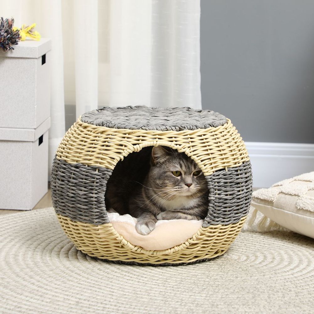 PawHut Wicker Cat House, Rattan Raised Cat Bed - Best Quality, Comfy Cushion - 40x30cm | Luxury Home Accessories | Heulog Glow