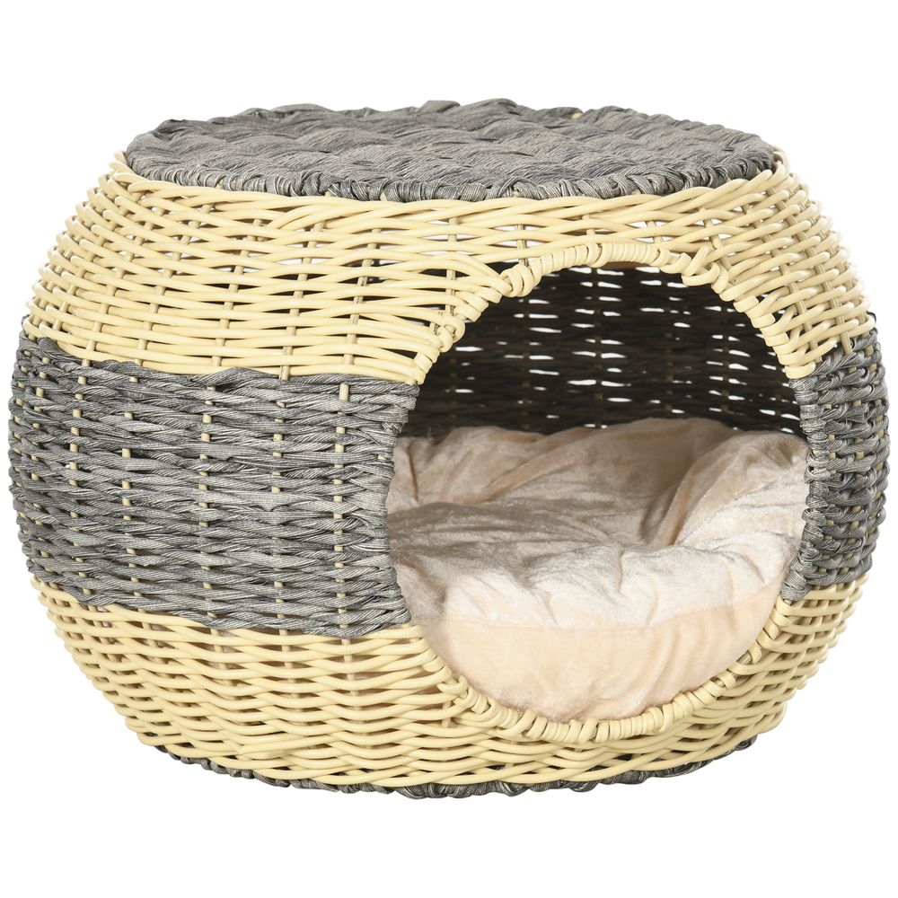 PawHut Wicker Cat House, Rattan Raised Cat Bed - Best Quality, Comfy Cushion - 40x30cm | Luxury Home Accessories | Heulog Glow