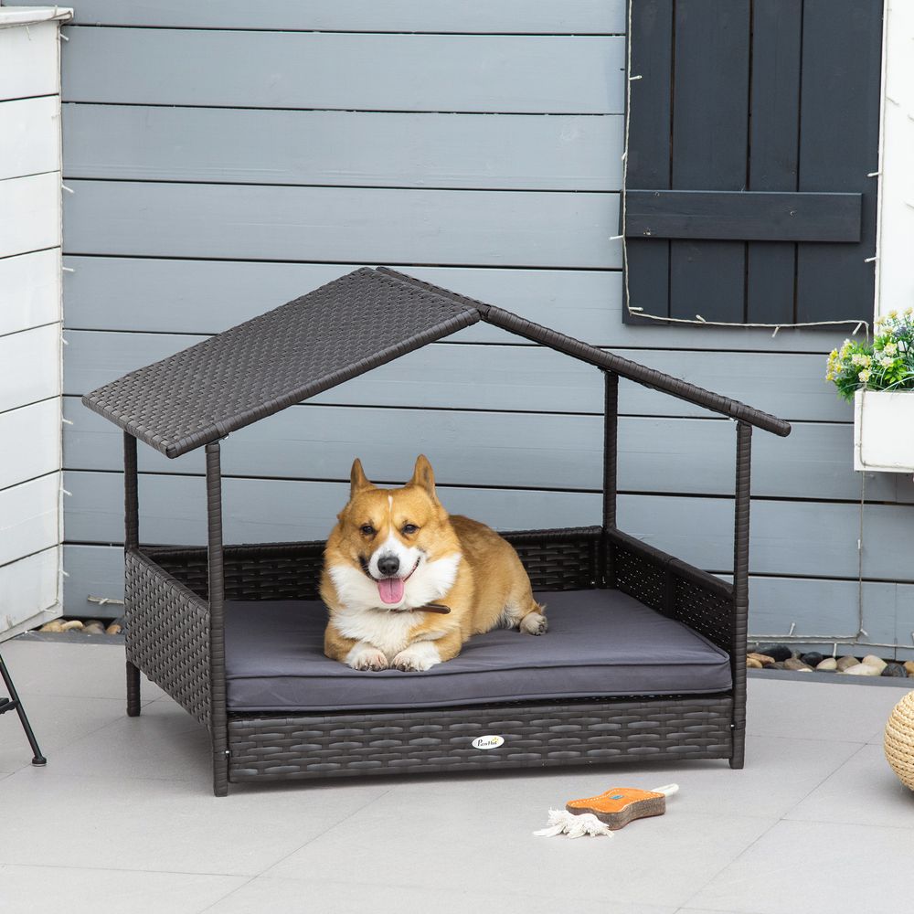 PawHut Wicker Dog House - Grey, with Soft Cushion, Outdoor Pet Bed | Luxury Home Accessories | Heulog Glow