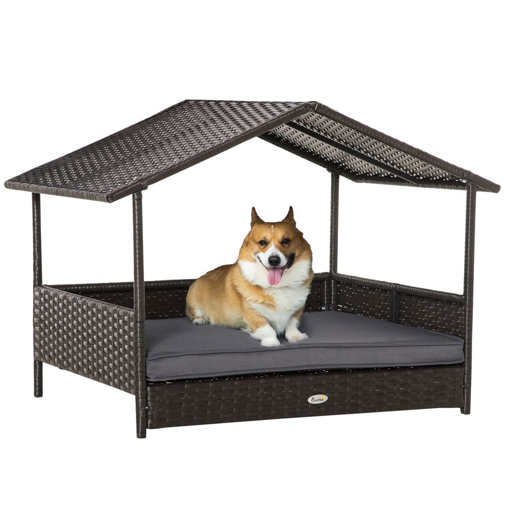 PawHut Wicker Dog House - Grey, with Soft Cushion, Outdoor Pet Bed | Luxury Home Accessories | Heulog Glow