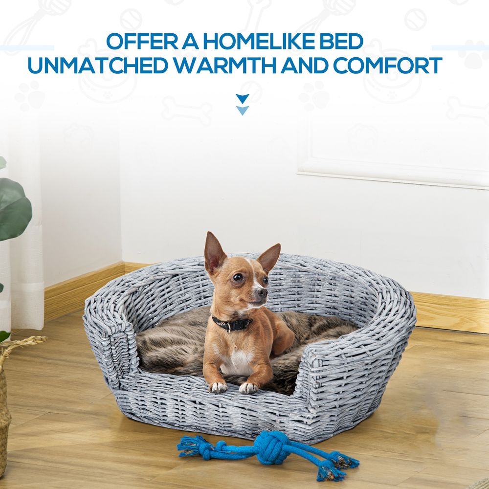 PawHut Wicker Pet Bed Willow Dog Cat Sofa Couch Puppy Basket with Cushion Grey 57L x 46W x 17.5H cm | Luxury Home Accessories | Heulog Glow