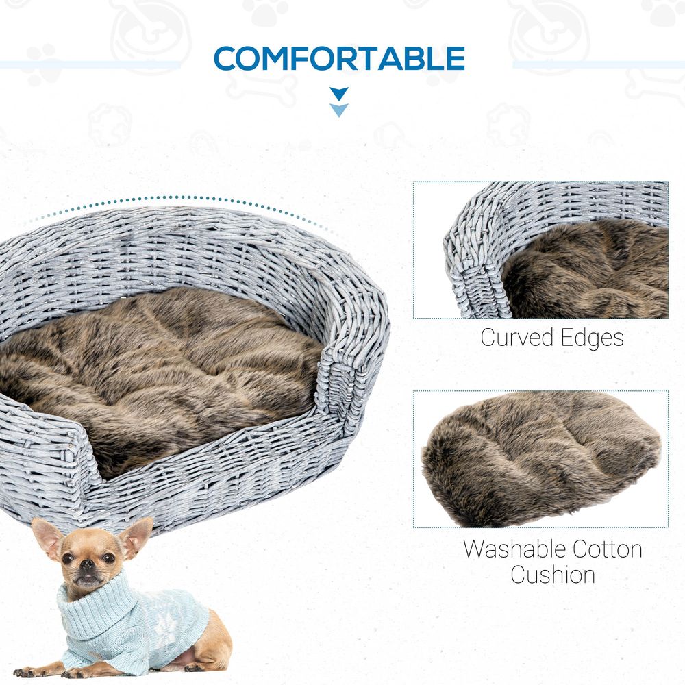 PawHut Wicker Pet Bed Willow Dog Cat Sofa Couch Puppy Basket with Cushion Grey 57L x 46W x 17.5H cm | Luxury Home Accessories | Heulog Glow