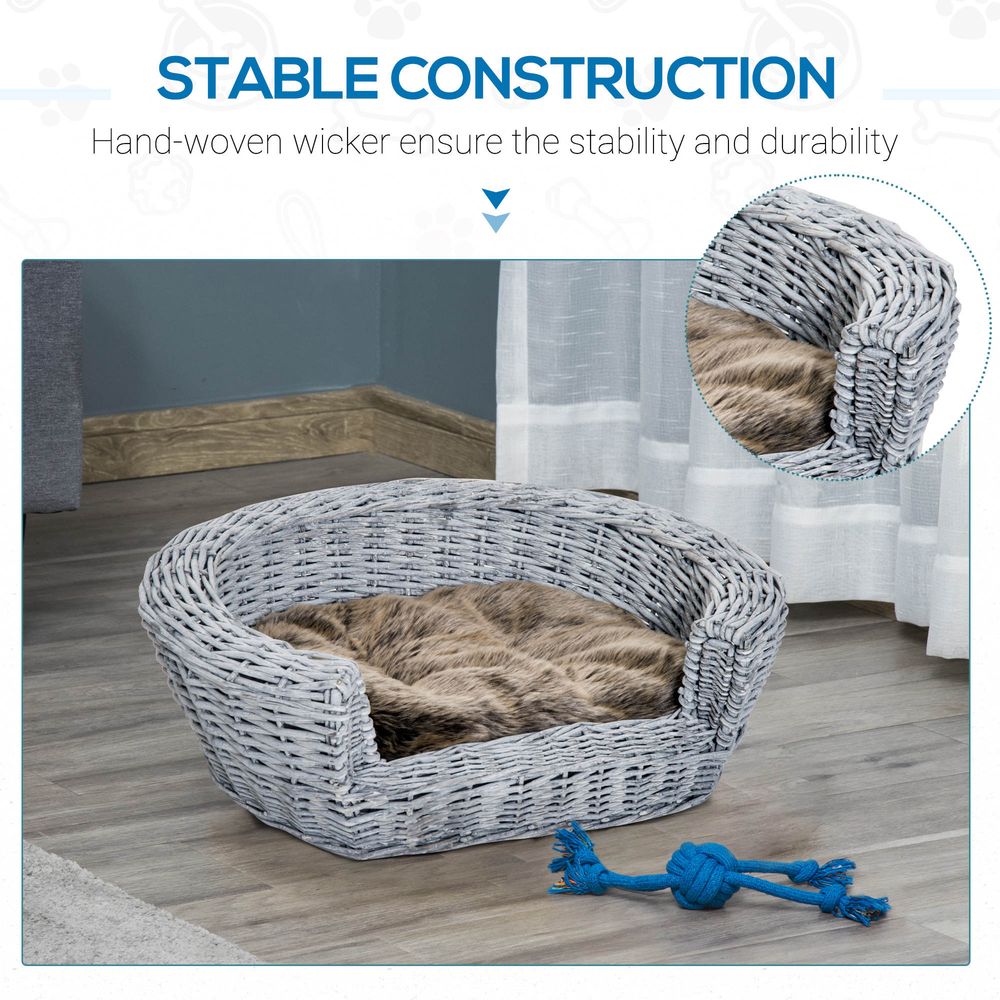 PawHut Wicker Pet Bed Willow Dog Cat Sofa Couch Puppy Basket with Cushion Grey 57L x 46W x 17.5H cm | Luxury Home Accessories | Heulog Glow