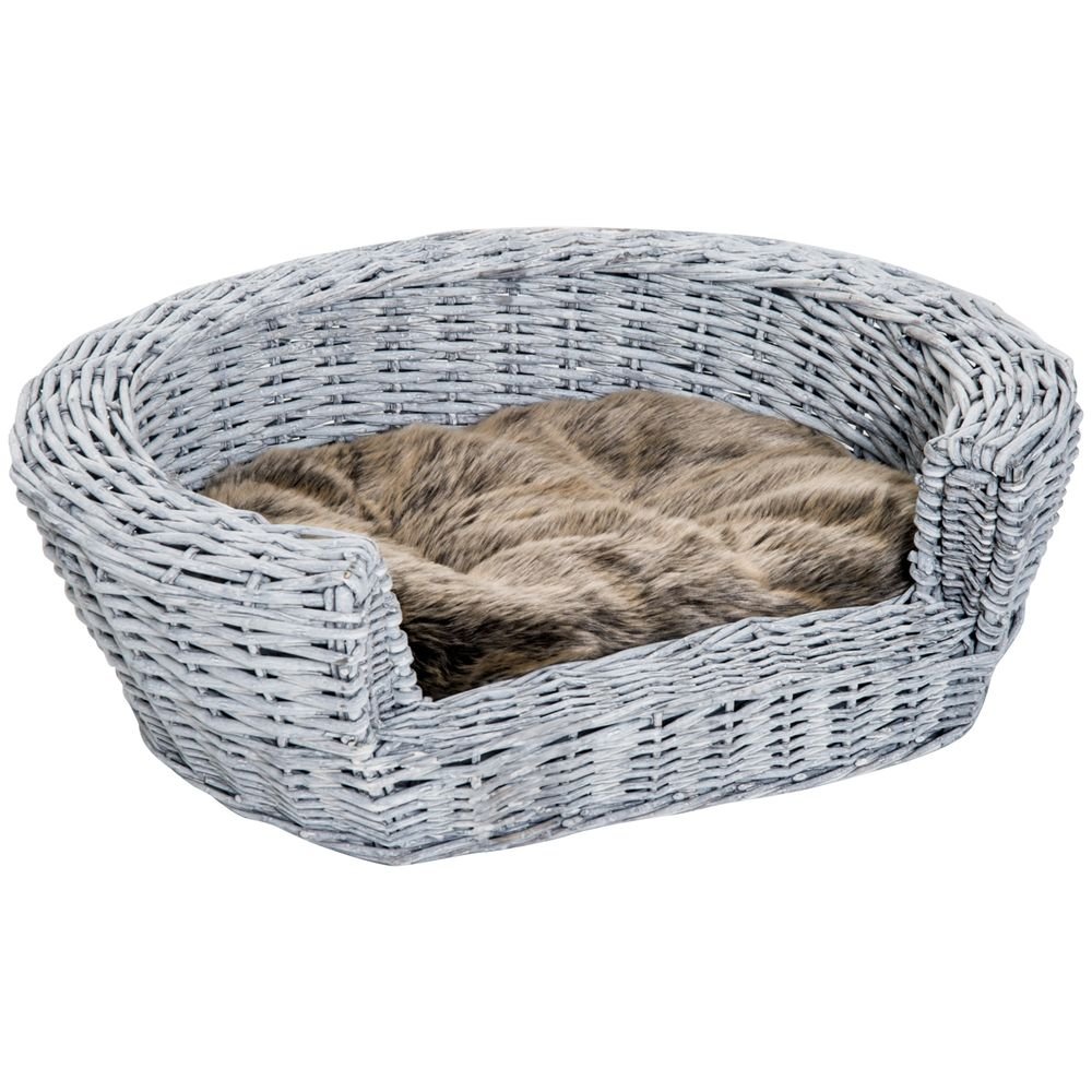 PawHut Wicker Pet Bed Willow Dog Cat Sofa Couch Puppy Basket with Cushion Grey 57L x 46W x 17.5H cm | Luxury Home Accessories | Heulog Glow