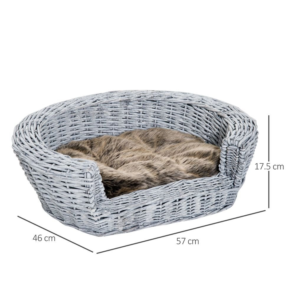 PawHut Wicker Pet Bed Willow Dog Cat Sofa Couch Puppy Basket with Cushion Grey 57L x 46W x 17.5H cm | Luxury Home Accessories | Heulog Glow