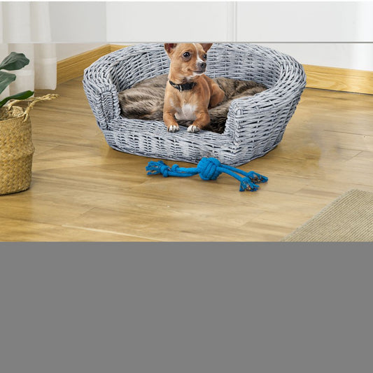 PawHut Wicker Pet Bed Willow Dog Cat Sofa Couch Puppy Basket with Cushion Grey 57L x 46W x 17.5H cm | Luxury Home Accessories | Heulog Glow