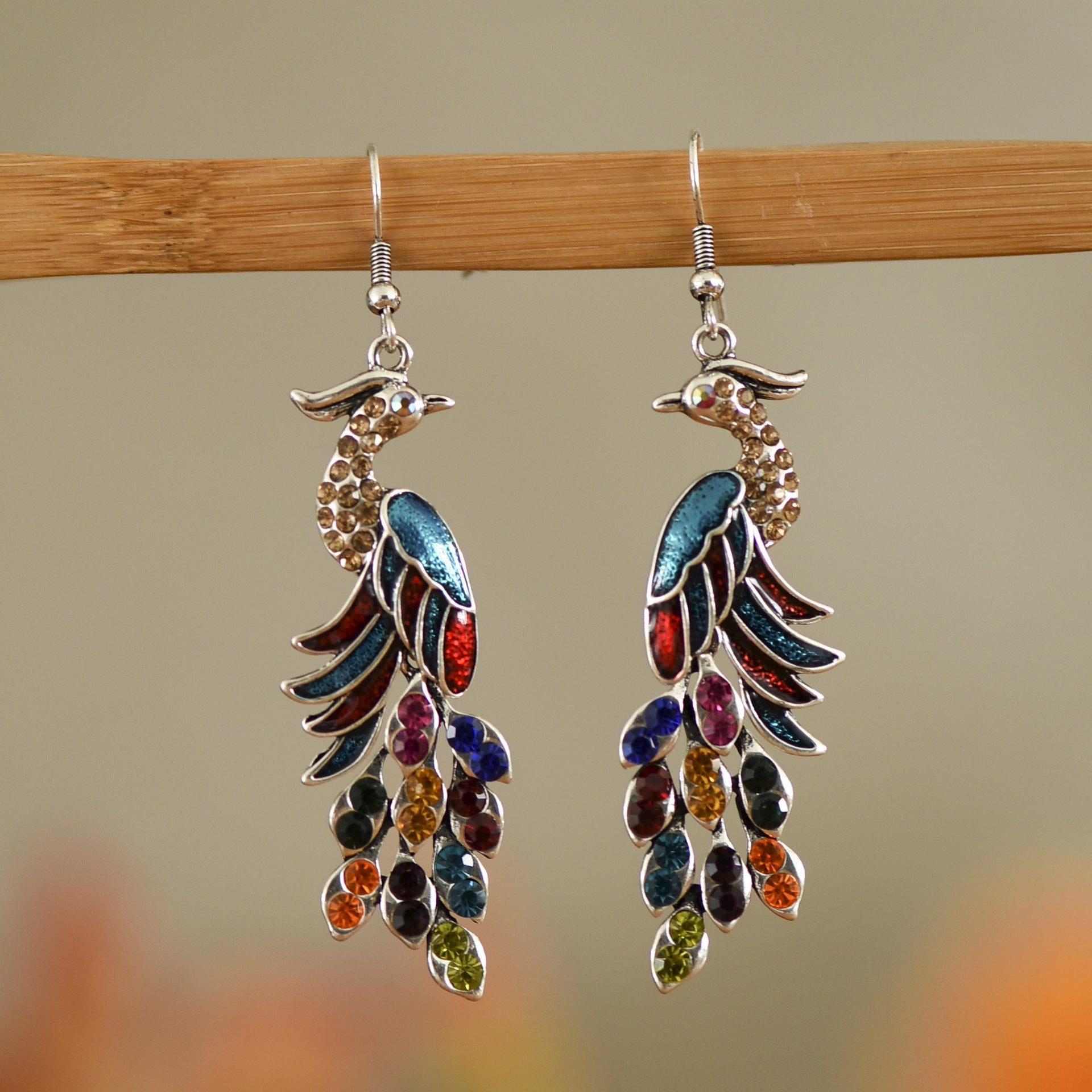 Peacock Boho Drop Earrings | Alloy Bird Ethnic Style Jewellery | Luxury Home Accessories | Heulog Glow
