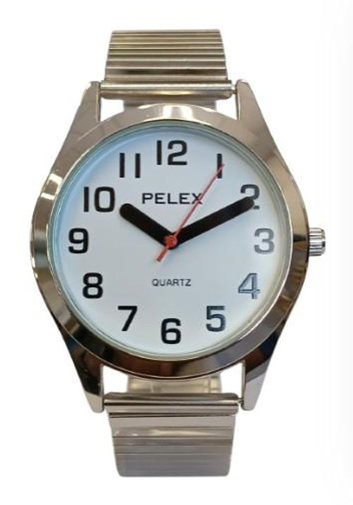 Pelex Mens Big number Silver Case White Dial Silver Bracelet Strap Quartz Watch