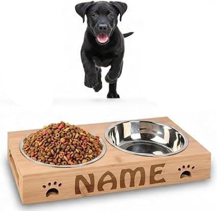 Personalised Dog Bowls - Large Engraved Feeding Station - Bamboo Double Stainless Steel | Luxury Home Accessories | Heulog Glow