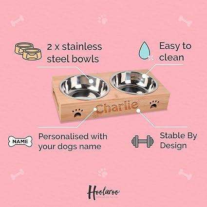 Personalised Dog Bowls - Large Engraved Feeding Station - Bamboo Double Stainless Steel | Luxury Home Accessories | Heulog Glow